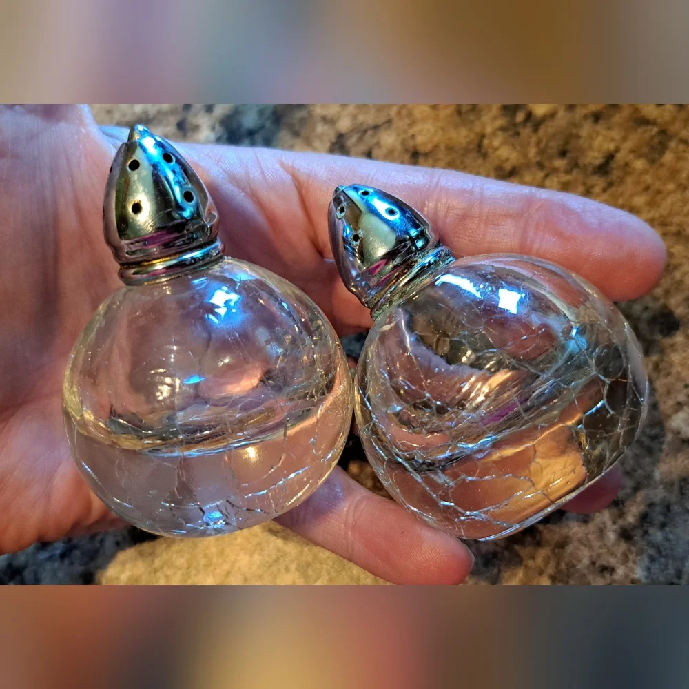 Vintage Round Crackle Glass Salt & Pepper Shakers, Sterling Silver Tops